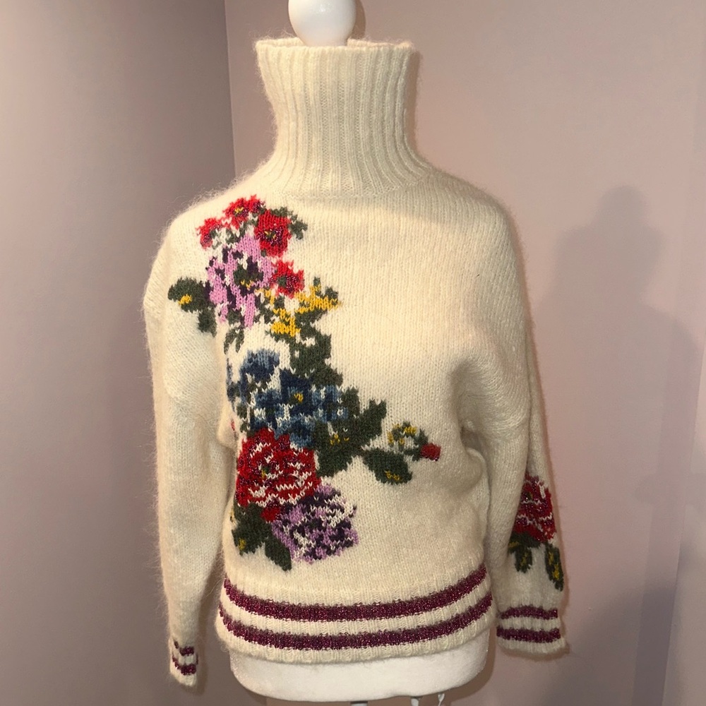 Cream Floral Turtleneck Sweater with Multicolor Bouquet